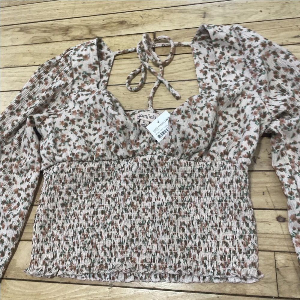 BLOOMFIELD Long Sleeve Crop Blouse Puff Sleeve Peach Floral Smocked Bloom NEW XL